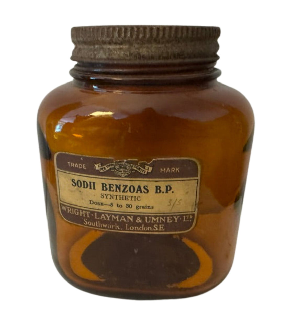 Vintage Amber Glass Chemist's Bottle — 'Sodii Benzoas B.P.', Wright, Layman & Umney Ltd, Original Label & Lid