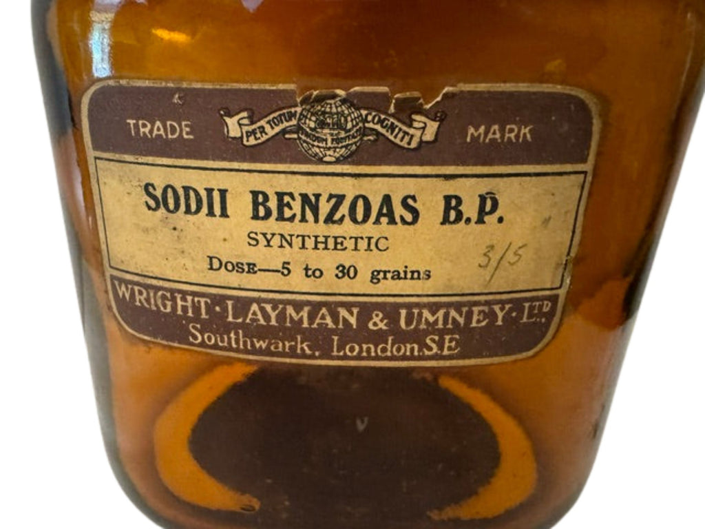 Vintage Amber Glass Chemist's Bottle — 'Sodii Benzoas B.P.', Wright, Layman & Umney Ltd, Original Label & Lid