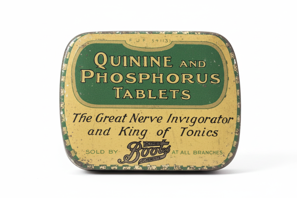Quinine and Phosphorous Tablets tin on white background
