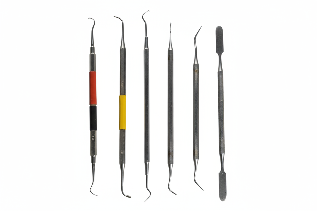 Five vintage dental tools - white background