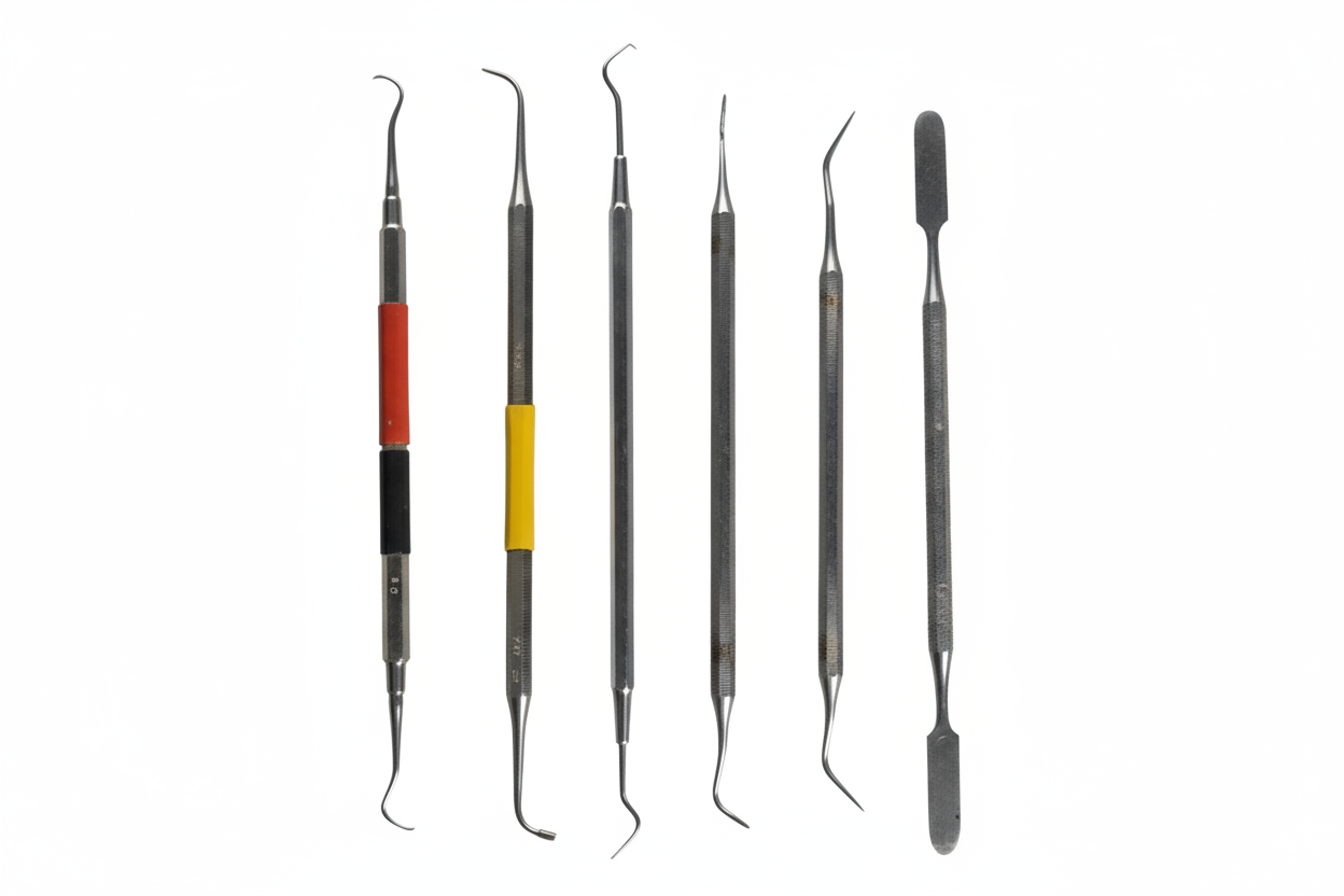 Five vintage dental tools - white background